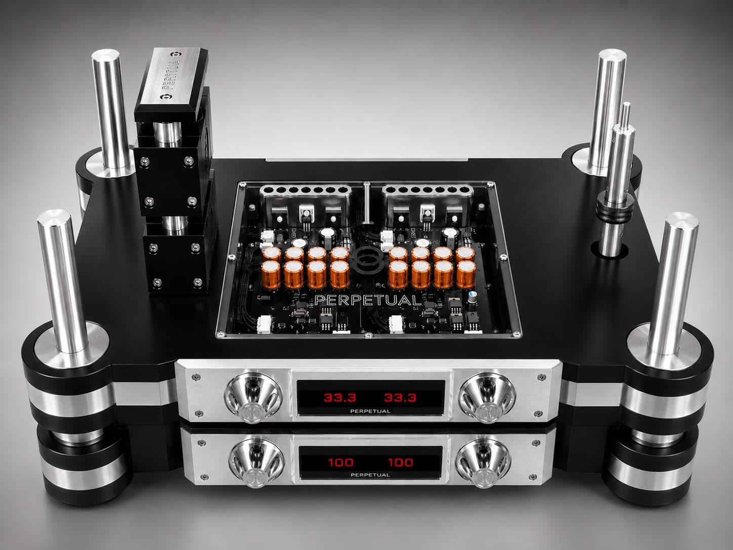 Top view of the Perpetual control architecture and dual-mono electronic layout.