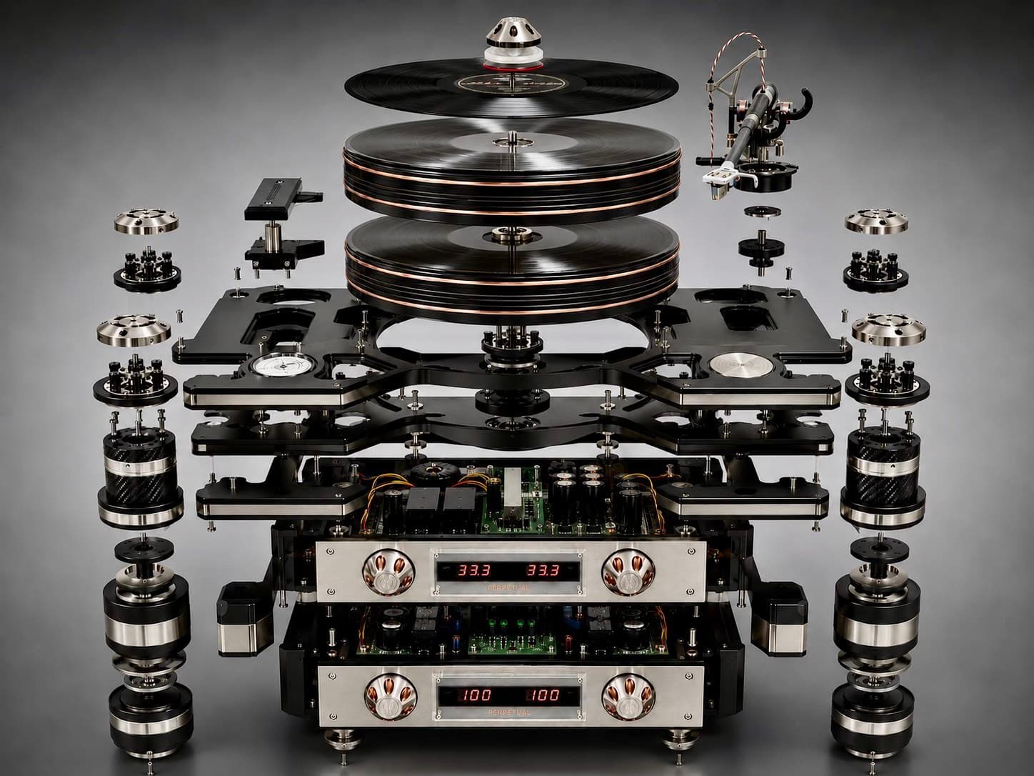 Exploded assembly presentation revealing the layered suspended architecture of the Perpetual system.