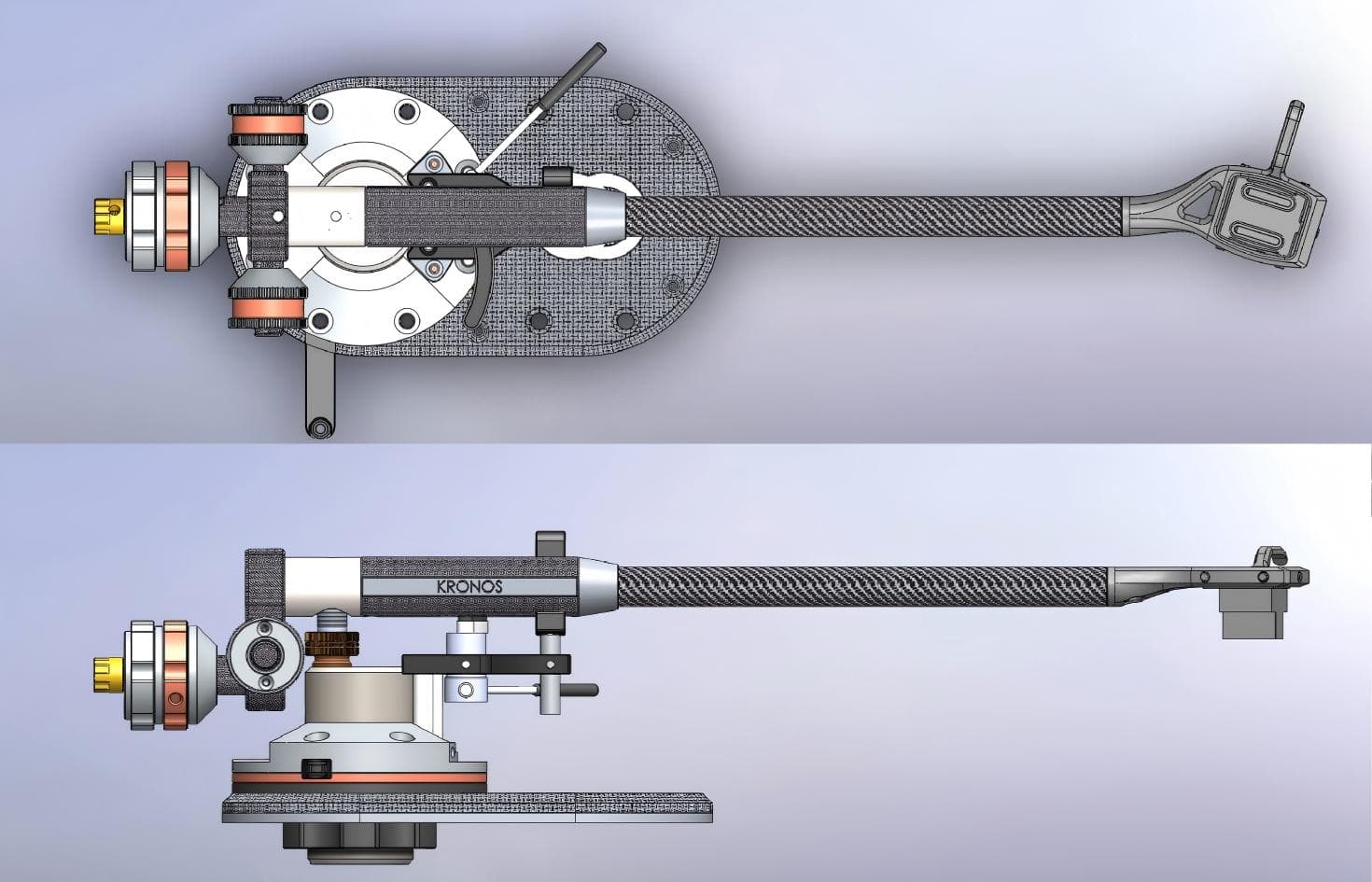 Engineering rendering of the Kronos Scope tonearm illustrating its suspended pivot architecture.