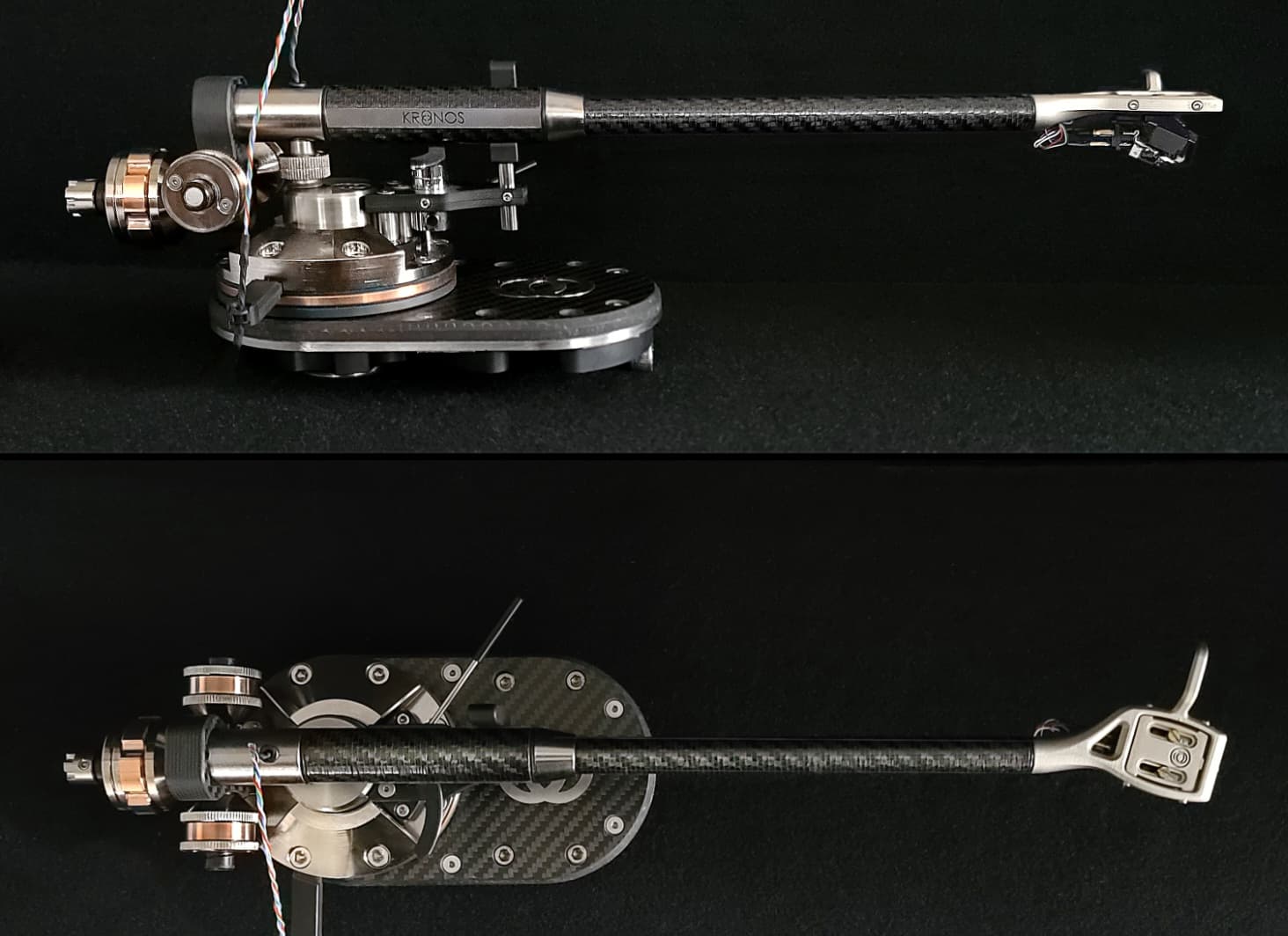 Side and top profile views of the Kronos Scope tonearm platform.